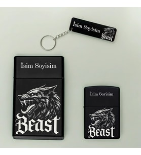 Kurt Beast Desenli Kişiye Özel İsimli Metal Tabaka, Benzinli Çakmak Ve Pleksi Anahtarlık Seti