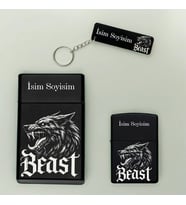 Kurt Beast Desenli Kişiye Özel İsimli Metal Tabaka, Benzinli Çakmak Ve Pleksi Anahtarlık Seti (Siyah)