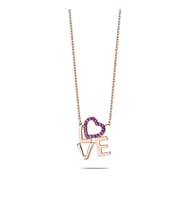 Pembe Zirkon Taşlı Love-Kalp Tasarım 925 Ayar Gümüş Bayan Kolye