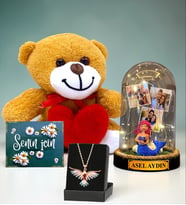 Kişiye Özel Premium Set Led Işıklı Fanus & Renkli Anka Kuşu Kolye & Kalpli Peluş Ayıcık (Model 7)