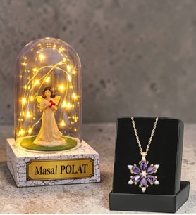 Size Özel Melekli Led Işıklı Fanus ve Gerçek Ametist Taşlı Lotus Kolye