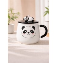 Sevimli Panda Kapaklı Seramik Kupa 500 ml – Panda Figürlü Kapaklı Kupa Bardak (Titanyum)