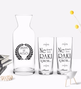 BK Gift Kişiye Özel Renkli Baskılı Ne Demek Rakı İçmem Tasarımlı İkili Rakı Bardağı ve Karaf Hediye Seti-1 (Model 1)