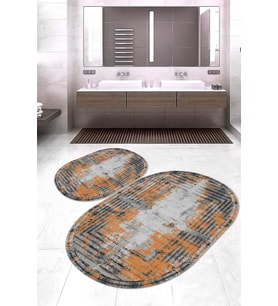 Dijital Baskılı Kaymaz Taban Yıkanabilir Oval 2'li Klozet Takımı Banyo Paspası NOKZ-SD-293 (Turuncu)