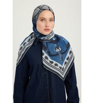 Schaless Süvarinin Arması - Somon - Vierra Desenli Viskon Eşarp - 90x90 Cm (Lacivert)