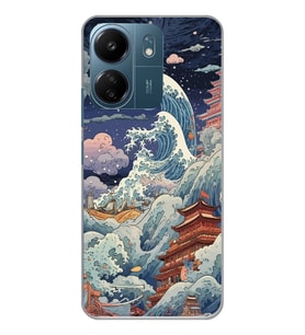 Xiaomi Redmi 13C Uyumlu Kanagawa Dalga Kolaj Desenli Şeffaf Telefon Kılıfı