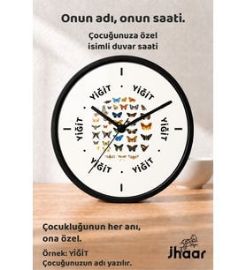 İsme Özel Renkli Kelebekler Çocuk Odası Duvar Saati Orta Boy 30 cm Siyah Camlı Sessiz