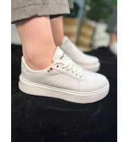 Günlük Kadın Spor Ayakkabı Ortopedik Vegan Deri Bağcık Hafif Kalın Yüksek Taban Yürüyüş Sneaker 102 (Beyaz)