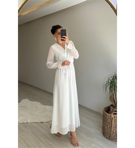 Neşeli butik kadın uzun kollu kuşaklı maxi şifon elbise NM001 (Beyaz)