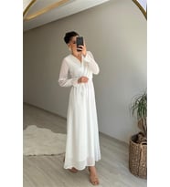 Neşeli butik kadın uzun kollu kuşaklı maxi şifon elbise NM001 (Beyaz)
