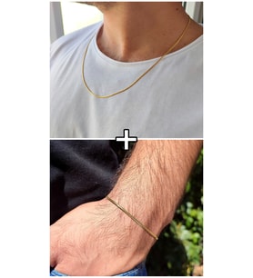 Paslanmaz Çelik Unisex İnce Yassı İtalyan Kolye Ve Bileklik Set Kombini (Gold)