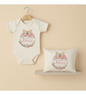Pia Baby Premium %100 Pamuk İsme Özel Organik Baskılı Çıtçıtlı Bebek Body Ve Yastık Kılıfı 5028-19 (Ekru)