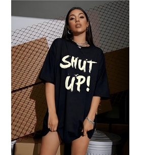 Shut Up! Yazı Baskılı Siyah Oversize Pamuklu Kadın T-shirt (Siyah)
