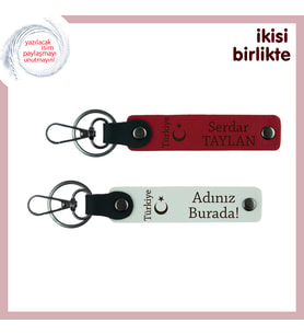İsim Yazılan Ayyıldız ve Türkiye Motifli 2’li Hediyelik Deri Anahtarlık Takımı, Kırmızı-Beyaz