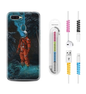 Oppo A5S A15 A16 A54 A55 A73 A74 Kılıf Kablo Koruma Spiral Silikon Astronot Smoke 1769