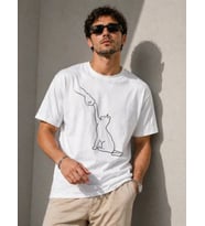 Erkek Minimal Kedi Çizim Baskılı Tişört Kısa Kol Yazlık T-Shirt - Beyaz