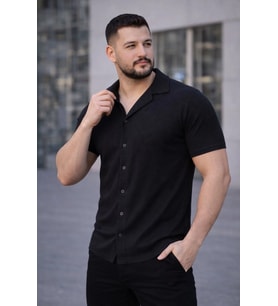 Erkek Waffle Kumaş Kısa Kollu Düğmeli Açık Yaka Regular Fit Gömlek - Siyah
