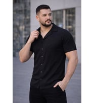 Erkek Waffle Kumaş Kısa Kollu Düğmeli Açık Yaka Regular Fit Gömlek - Siyah