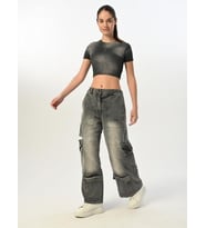 Kız Çocuk Bisiklet Yaka Nakışlı Crop Bluz (Füme)