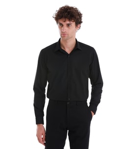 Siyah Slim Fit Düz Slim Yaka Pamuklu Uzun Kollu Spor Gömlek