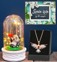 Led Işıklı Biblolu Fanus ve Gerçek Ametist Taşlı Renki Anka Kuşu Kolye (Model 8)