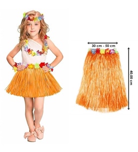 Yetişkin ve Çocuk Uyumlu Turuncu Renk Püsküllü Hawaii Luau Hula Etek 40 cm