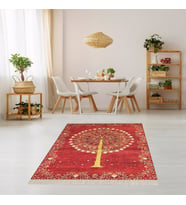 Ağaç Desenli Dijital Baskı Yıkanabilir Kaymaz Taban Etnik Kilim Desen Salon Halısı ve Yolluk (Kırmızı)