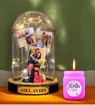 Kişiye Özel Hediye Seti  Led Işıklı İsimli ve 3 Fotoğraflı Fanus & Kokulu Mum (Model 8)