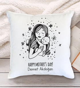 Happy Mpthers Day Tasarımlı Yastık (Beyaz)
