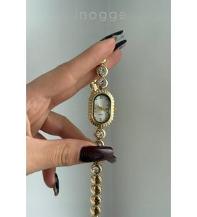 Misse Model Yuvarlak Kristal Taşlı Vintage Gold Kadın Kol Saati
