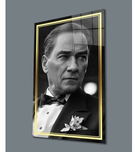 Atatürk Portre Dikey Cam Tablo Hediyelik Büyük Tablo Ev Ofis Dekor