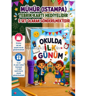 Okula Yeni Başlayan Öğrencilere Özel 5 Adet Hediye Seti 1. Sınıf- Sene Başı Mühür (Istampa) Tebrik Kartı Hediyeli