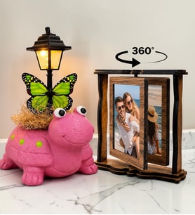 Size Özel Hediye Seti Dekoratif Sevimli Kaplumbağa Masa Lambası ve 2 Fotoğraflı Ahşap Döner Çerçeve