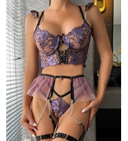 Purple Dreamer Çiçek Desenli İthal Tasarım Büstiyer Jartiyer Takım (Limited) (Mor)