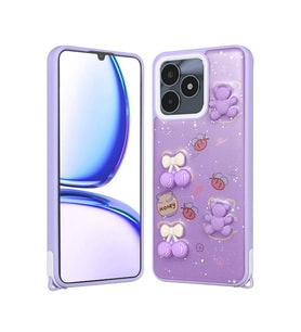 Lexroo Realme C53 Kılıf Parlayan Simli Kabartma Figürlü Cevze Kılıf - Mor Ayı
