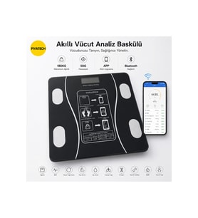 Akıllı Bluetooth Vücut Analiz Baskülü – 180kg Hassas Dijital Tartı - Dijital Baskül Yağ Su Kas Vücut Kitle Endeksi Kilo Ölçer Tartı