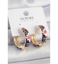 Pirinç Gold Renk Halka Model Mor Çiçek Mineli Kadın Küpe (Altın)
