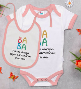 BK Kids Kişiye Özel Baba Tasarımlı Pembe Bebek Body Zıbın ve Mama Önlüğü Hediye Seti