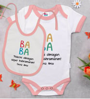BK Kids Kişiye Özel Baba Tasarımlı Pembe Bebek Body Zıbın ve Mama Önlüğü Hediye Seti