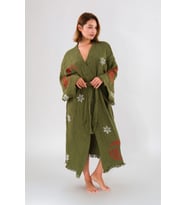 Christmas Müslin Kimono %100 Pamuklu Yılbaşı Baskılı Desenli Bornoz Kaftan Sabahlık (Haki)