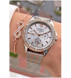 Ferrucci MRD11727 Rose Gümüş Renk Çelik Kordon Kadın Kol Saati Bileklik Hediyeli
