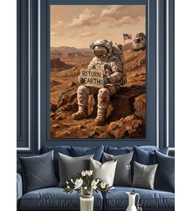 Mars Yüzeyinde Oturan Yalnız Astronot Dekoratif Kanvas - Mdf Ahşap Tablo