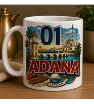 Adana Temalı Hediyelik Kupa Bardak - 01 Plaka Tarihi Simgeler ve Meşhur Kebap Baskılı Özel Tasarım Kupa