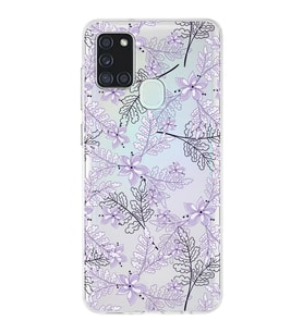 Samsung Galaxy A21s Uyumlu Kapak Floral Lila Tasarımlı Şeffaf Silikon Kılıf