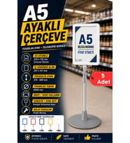 5 Adet - A5 Ayaklı Menü ve Fiyat Bilgi Standı Yuvarlak Tabanlı Teleskopik Çerçeve Etiketlik Beyaz