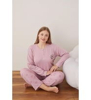 Lindros Kadın Pamuklu Düğme Yaka Raporlu İnterlok Battal Pijama Takımı 05111 - 1 Adet (Gül Kurusu)