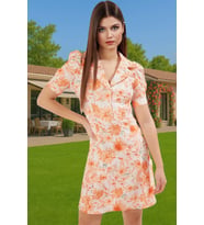 Çiçekli A Kesim Mini Elbise Polyester Karışımlı Yazlık Zarifane Tasarım Rahat Kullanım Özel Tasarım (Açık Turuncu)