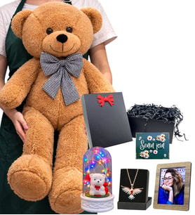 Büyük Boy Kahve Peluş Ayıcık, Renkli Anka Kuşu Kolye, Renkli Işıklı Fanus ve Fotoğraf (Model 3)