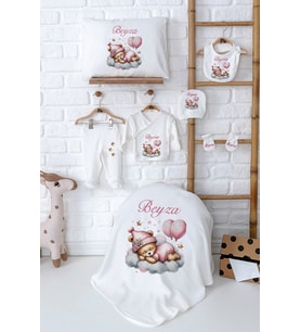 Pia Baby Premium İsmine Özel Yenidoğan Kız Bebek Hastane Çıkışı Seti %100 Pamuk 5026-02 (Ekru)