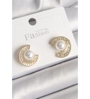 Pirinç Gold Renk Zirkon Taşlı Salyangoz Model İnci Detay Kadın Küpe - TJ-BKP9786 TG-V 7731